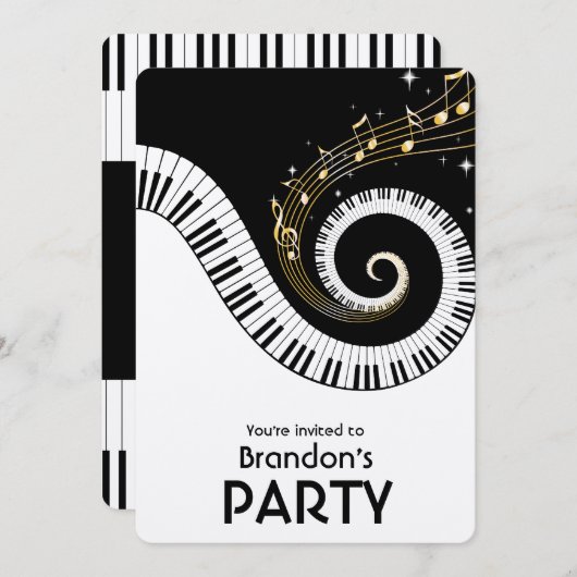 ピアノ鍵と金ゴールド音楽ノートパーティー 招待状 (正面/裏面)