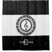 ピアノ鍵のモノグラムと名前のトレブルクレフ、 音符記号 シャワーカーテン (正面)