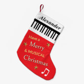ピアノ鍵の明るい赤の音楽をテーマパーソナライズされた スモールクリスマスストッキング (正面 (吊り時))