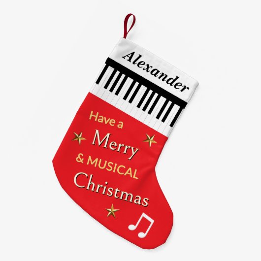 ピアノ鍵の明るい赤の音楽をテーマパーソナライズされた スモールクリスマスストッキング (正面 (吊り時))