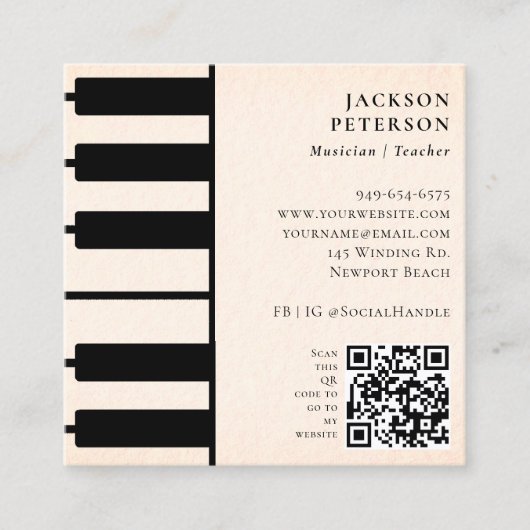 ピアノ鍵ピアニストミュージシャン音楽先生ピーチ スクエア名刺 (正面)