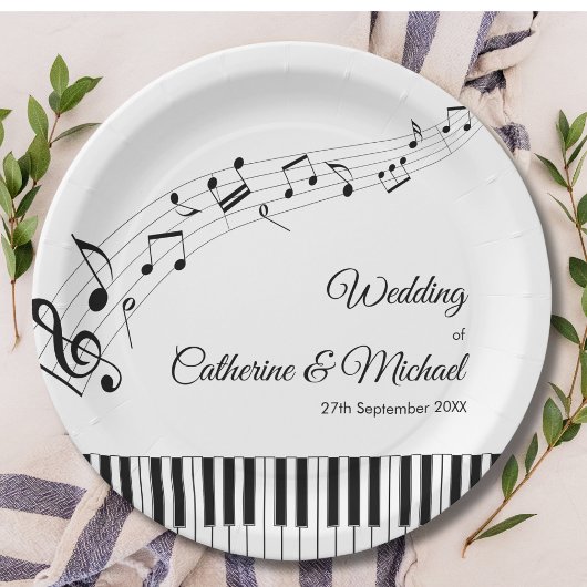 ピアノ鍵ミュージカルノートブラック&ホワイト結婚ズ ペーパープレート
