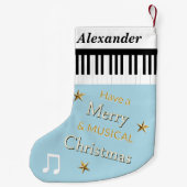 ピアノ鍵ライトブルー音楽テーマパーソナライズされた スモールクリスマスストッキング (裏面)