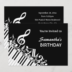 ピアノ鍵白黒音楽ノート誕生日パーティー 招待状