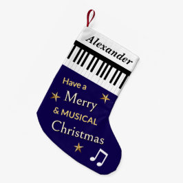 ピアノ鍵盤ネイビーブルーの音楽好きのためのパーソナライズデザイン スモールクリスマスストッキング