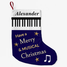 ピアノ鍵盤ネイビーブルーの音楽好きのためのパーソナライズデザイン スモールクリスマスストッキング
