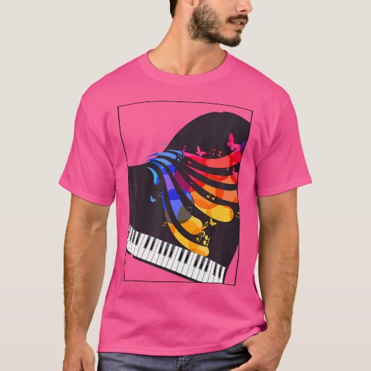 ピアノ鍵盤+音符+カットデザインの音楽教師Tシャツ Tシャツ (正面)