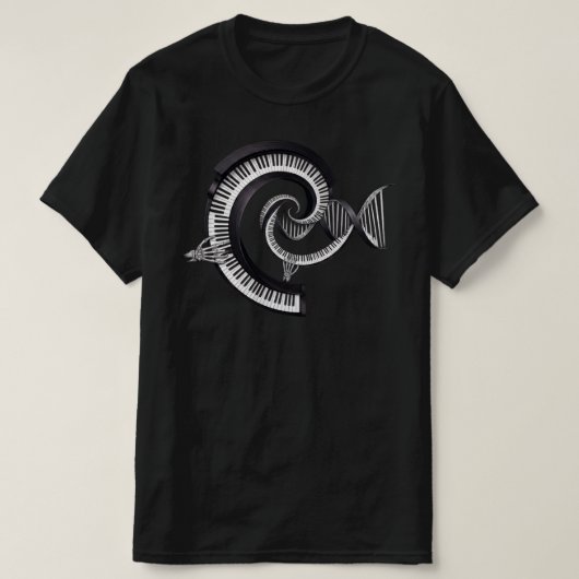 ピアノ鍵盤DNA螺旋スケルトンハンドアートデザイン Tシャツ (デザイン正面)