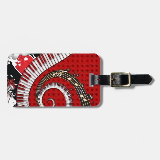 ピアノ鍵音楽ノートのグランジな花柄の渦巻 ラゲッジタグ (正面横)