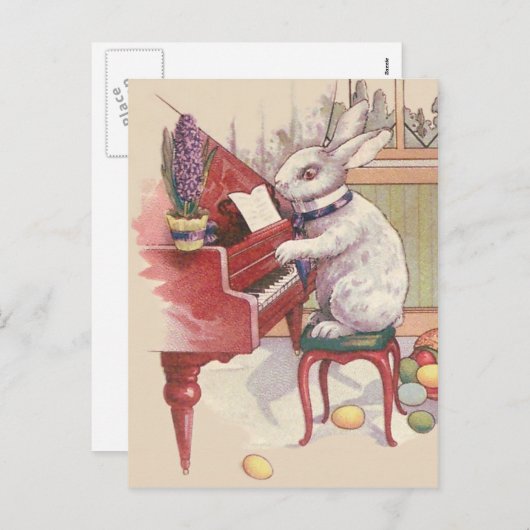 ピアノHyacinthを遊ぶイースターのウサギ シーズンポストカード (正面/裏面)