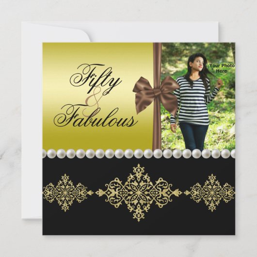 ピアルズ&ボウ金ゴールド&ブラックファブル50人の女性写真 招待状 (正面)