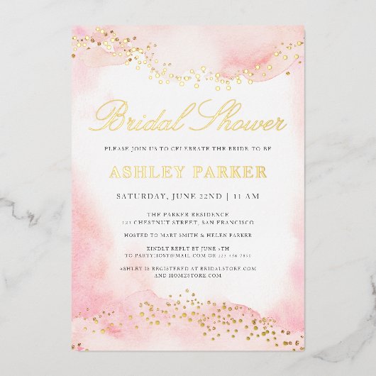 ピエレガントッかわいらしクウォーター色ブライダルシャワー金ゴールド 箔招待状 (正面)