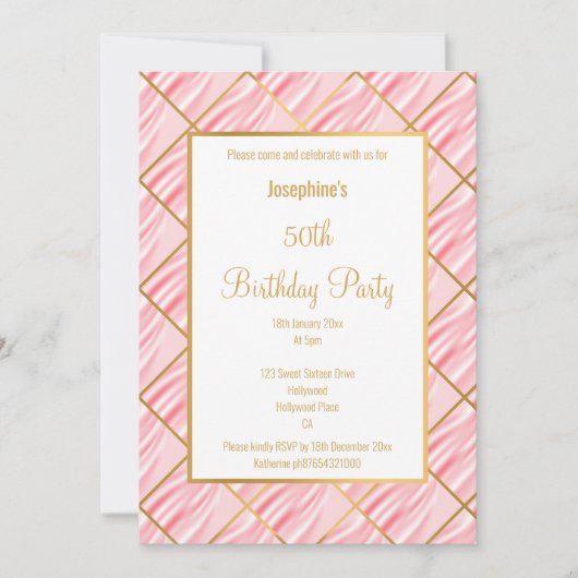 ピエレガントッかわいらしクサテン金ゴールド誕生日招待状 招待状 (正面)