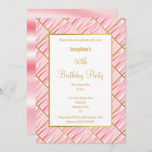 ピエレガントッかわいらしクサテン金ゴールド誕生日招待状 招待状 (正面/裏面)