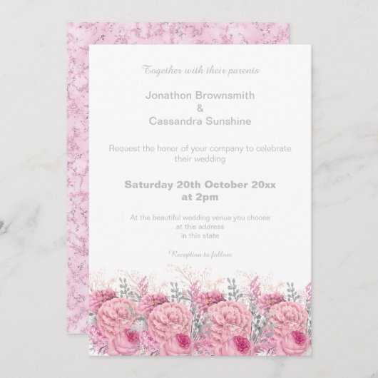 ピエレガントッかわいらしクフローラ大理石グリッター結婚ズ 招待状 (正面/裏面)