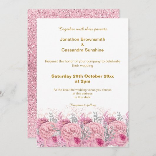 ピエレガントッかわいらしクフローラ結婚グリッター 招待状 (正面/裏面)