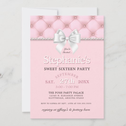 ピエレガントッガーリークパールホワイトボウ16誕生日 招待状 (正面)
