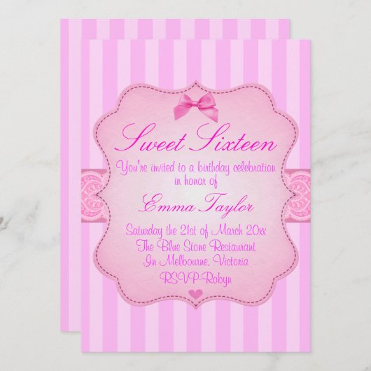ピエレガントッストライプのクスウィート16誕生日招待状 招待状 (正面/裏面)