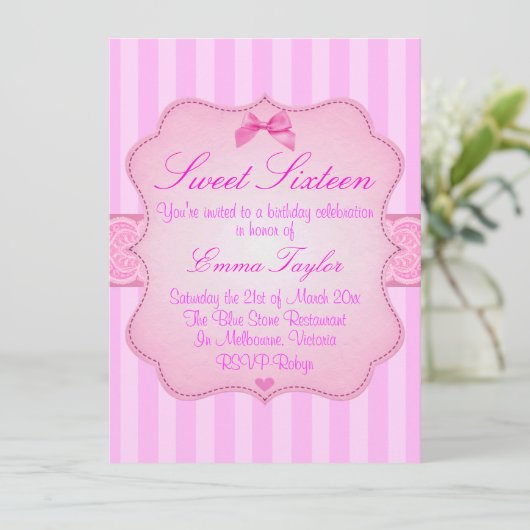 ピエレガントッストライプのクスウィート16誕生日招待状 招待状 (スタンド正面)