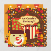 ピエロおよび水玉模様のサーカスの誕生日の招待 招待状 (正面/裏面)