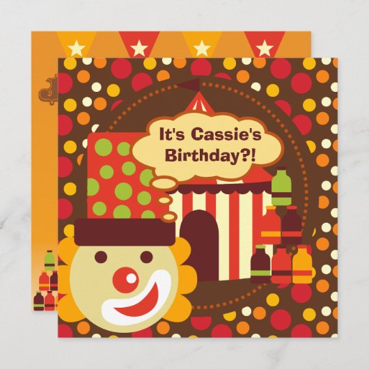 ピエロおよび水玉模様のサーカスの誕生日の招待 招待状 (正面/裏面)