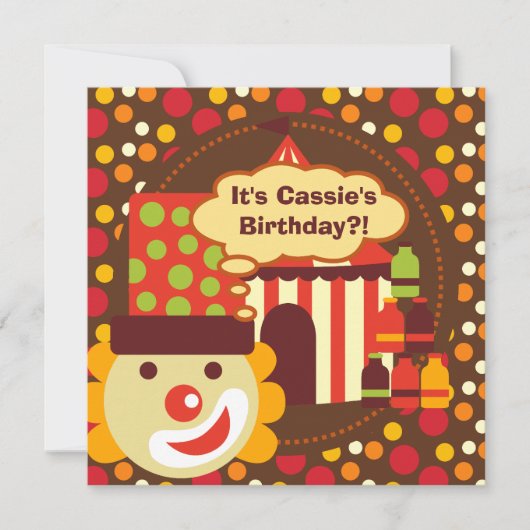 ピエロおよび水玉模様のサーカスの誕生日の招待 招待状 (正面)