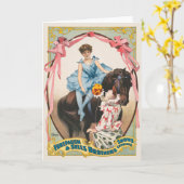 ピエロが馬に乗って女性に花を手渡す カード (黄色い花)