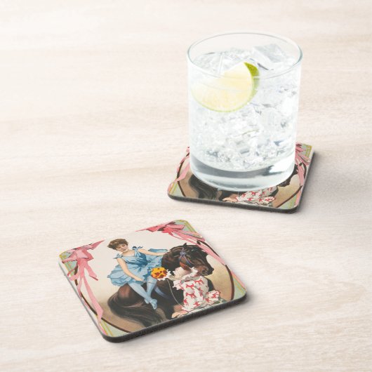 ピエロが馬に乗って女性に花を手渡す コースター (右側)