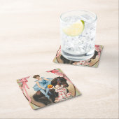 ピエロが馬に乗って女性に花を手渡す スクエアペーパーコースター (インサイチュ)