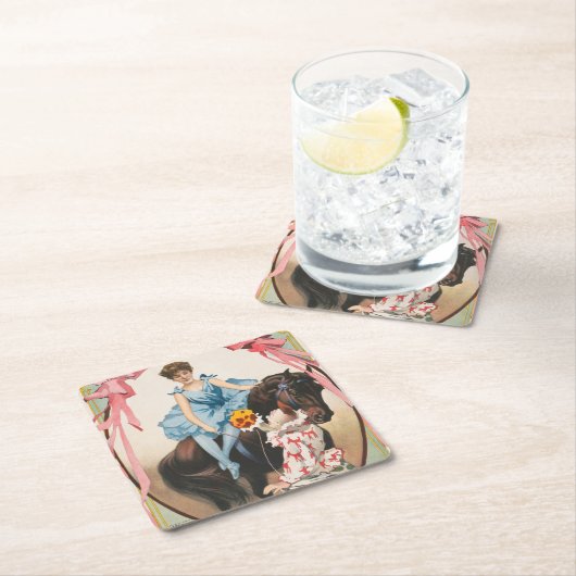 ピエロが馬に乗って女性に花を手渡す スクエアペーパーコースター (インサイチュ)