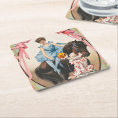 ピエロが馬に乗って女性に花を手渡す スクエアペーパーコースター (アングル)