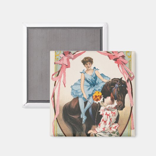 ピエロが馬に乗って女性に花を手渡す マグネット (正面/裏面)