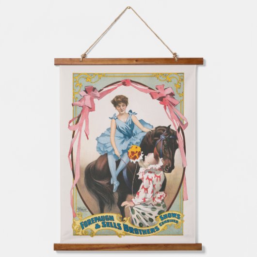 ピエロが馬に乗って女性に花を手渡す 吊り下げ型タペストリー (正面)