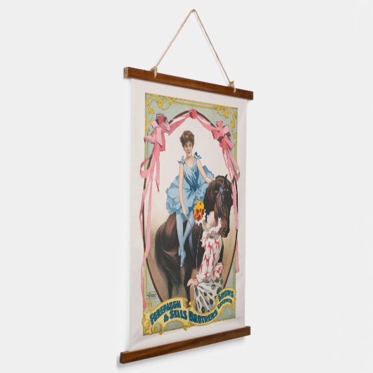 ピエロが馬に乗って女性に花を手渡す 吊り下げ型タペストリー (傾斜あり)