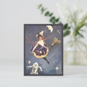 ピエロとスパイダーウェブのヴィンテージハロウィーンを持つ魔女 ポストカード (スタンド正面)