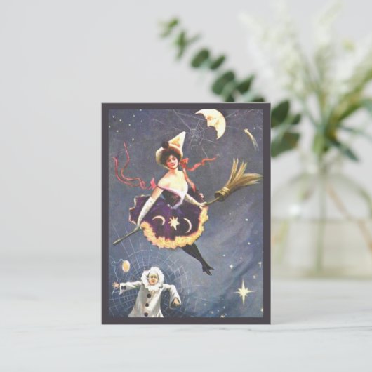 ピエロとスパイダーウェブのヴィンテージハロウィーンを持つ魔女 ポストカード (スタンド正面)