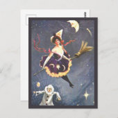 ピエロとスパイダーウェブのヴィンテージハロウィーンを持つ魔女 ポストカード (正面/裏面)