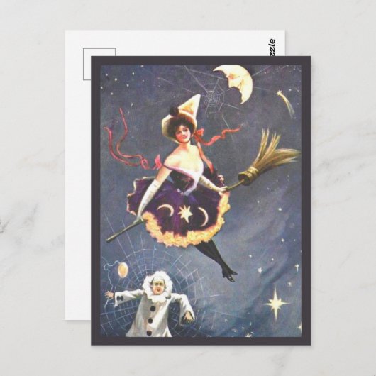 ピエロとスパイダーウェブのヴィンテージハロウィーンを持つ魔女 ポストカード (正面/裏面)