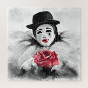 ピエロとバラ – ロマンチックな白黒絵画ズアート ジグソーパズル