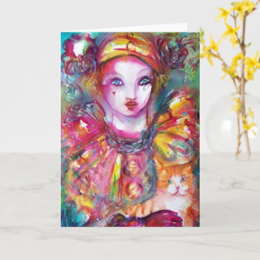 ピエロと猫 / ヴェネツィアの仮面舞踏会マスク カード (黄色い花)