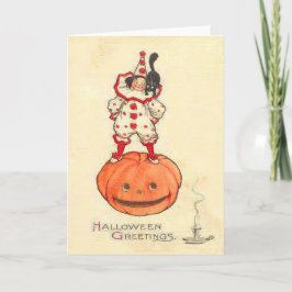 ピエロの黒猫のハロウィーンのカボチャのちょうちんのカボチャ カード