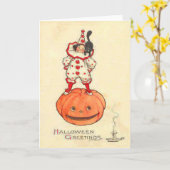 ピエロの黒猫のハロウィーンのカボチャのちょうちんのカボチャ カード (黄色い花)