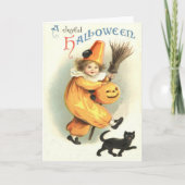 ピエロの黒猫のハロウィーンのカボチャのちょうちんのカボチャ カード (正面)