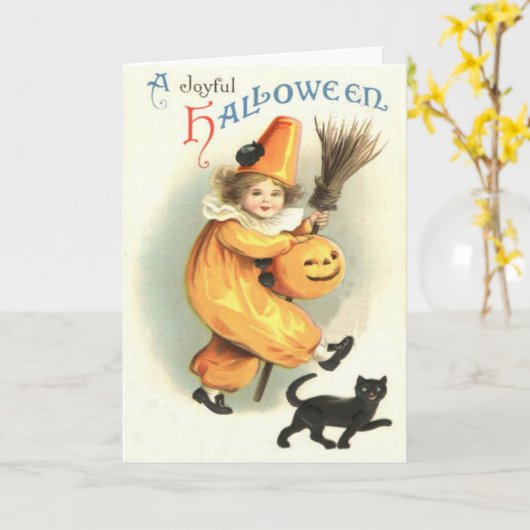 ピエロの黒猫のハロウィーンのカボチャのちょうちんのカボチャ カード (黄色い花)