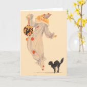 ピエロの黒猫の衣裳のトリック・オア・トリート カード (黄色い花)