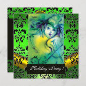 ピエロイン緑、ブラックダマスクモノグラム、エメラルドジェム 招待状 (正面/裏面)