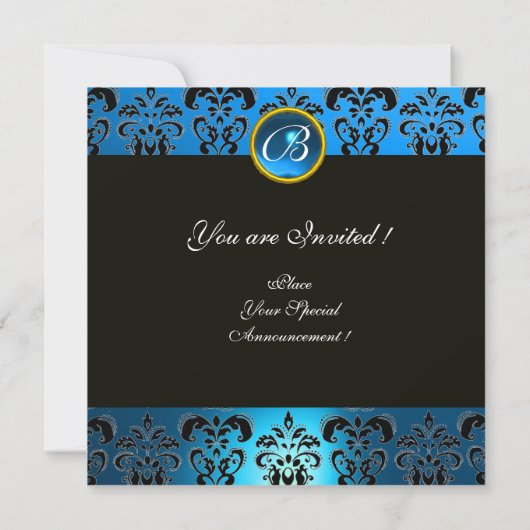 ピエロブルー，ブラック金ゴールドダマスクモノグラム，サファイア 招待状 (裏面)