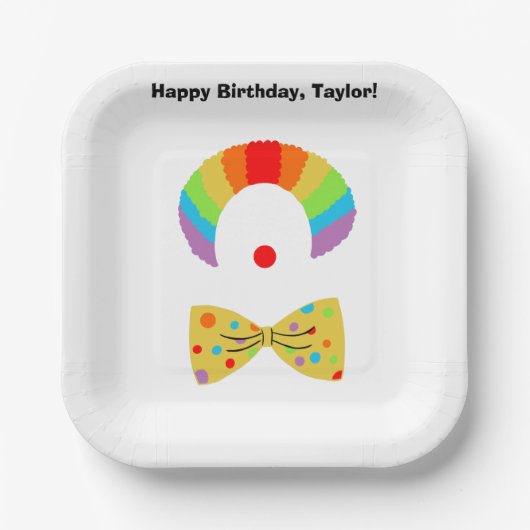 ピエロ付きレインボーウィッグパーソナライズされた誕生日 ペーパープレート (正面)
