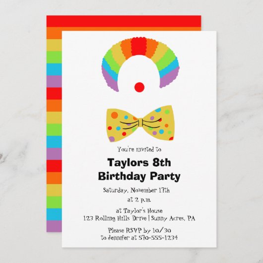 ピエロ付きレインボーウィッグパーソナライズされた誕生日 招待状 (正面/裏面)