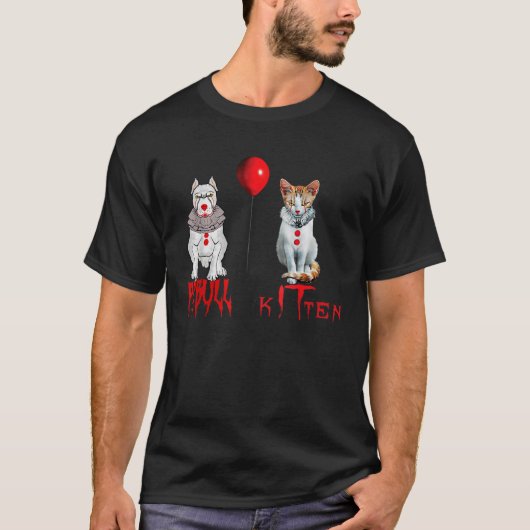 ピエロ子猫とピットブルドッグホラーハロウィーン Tシャツ (正面)